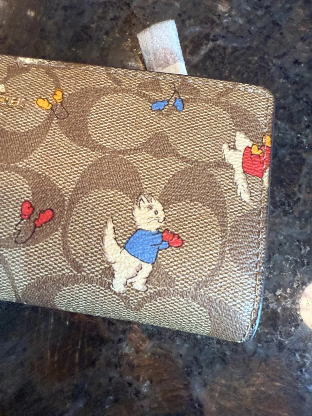 Coach Beige Signature Canvas Continental Wallet with Playful Cat Print - Picture 4 of 16